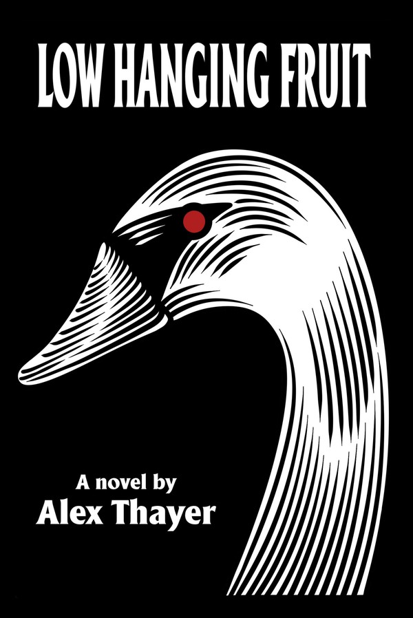 Low Hanging Fruit book cover - a striking black and white illustration of a swan with a red eye